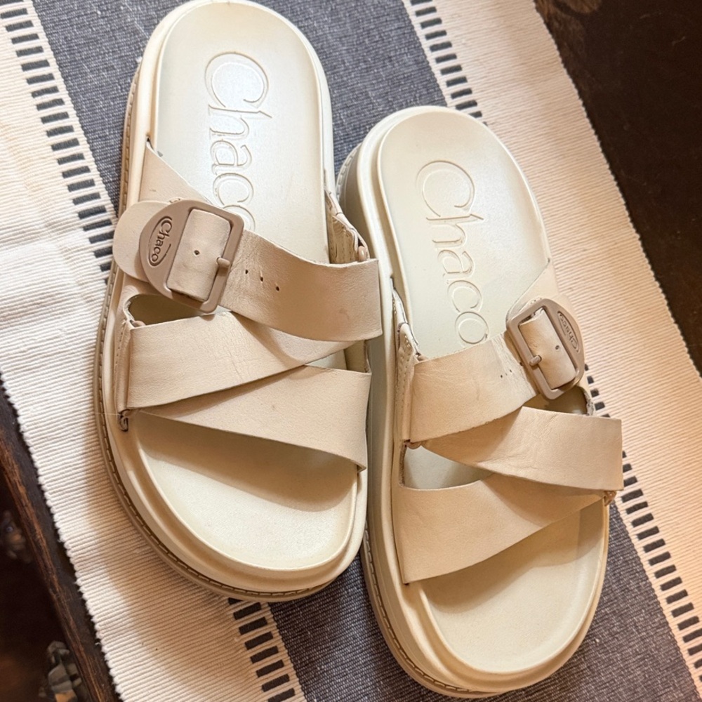 Chaco Cream Leather Slide Sandals